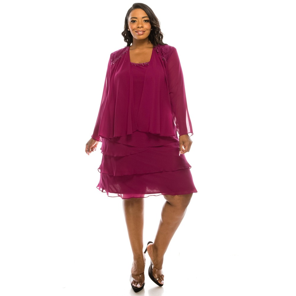 SLNY Womens Plum Purple Beaded Tiered Dress Jacket 2-piece Set Size 14 - Picture 1 of 13